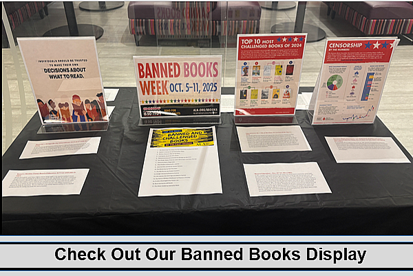 Banned Books Week display with the top 10 banned books, statistics, and court case summaries