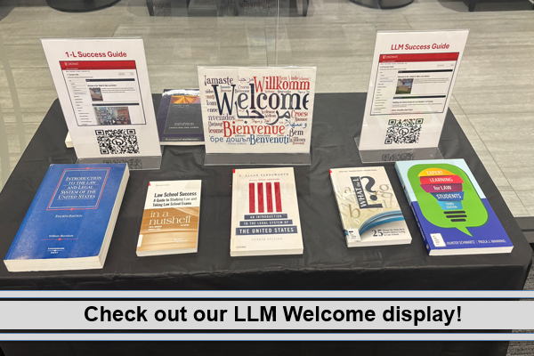 Welcome display with a sign saying welcome in different languages, guide references, and study aids