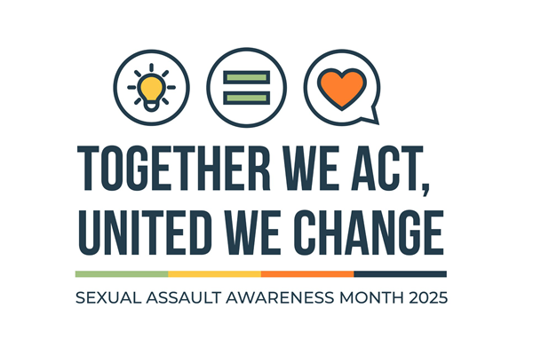 Together we act, united we change. Sexual Assault Awareness Month 2025 with lightbulb = heart icons