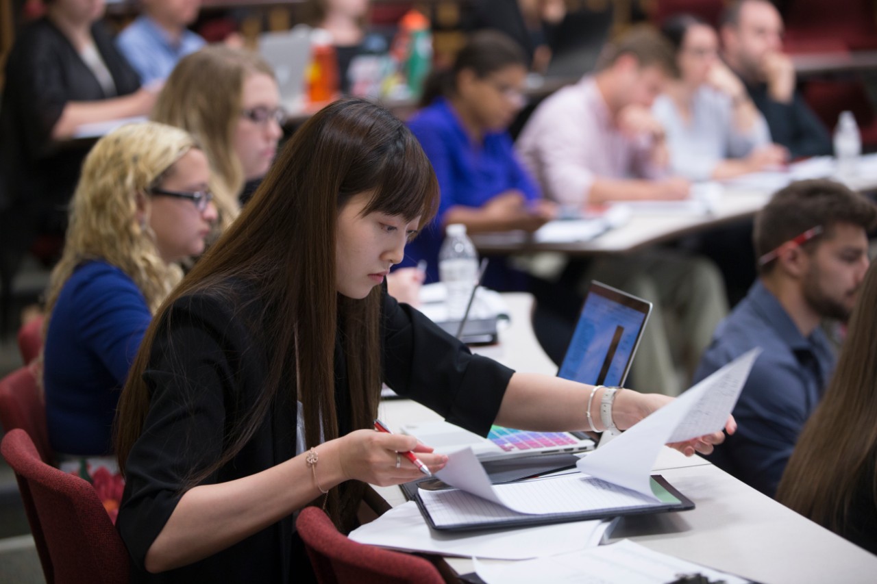 First day of classes for Collge of Law. Professor Betsy Malloy goes over a case briefing.
